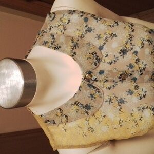 Cabi sheer sleeveless blouse, blue and yellow floral on light tan background,  S